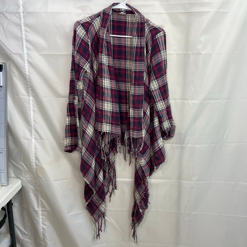 En Creme women's red blue plaid fringe tassel open front‎ flannel cardigan shirt